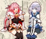  astolfo_(fate) belt black_bow blue_eyes bow braid cape clenched_hands commentary_request ernesti_echevalier fang fate/apocrypha fate_(series) fingerless_gloves fur-trimmed_cape fur_trim garter_straps gauntlets gloves hair_bow hair_intakes highres horn_(instrument) invisible_chair knight's_&amp;_magic long_hair looking_at_viewer multiple_boys newspaper newsprint_background newsprint_texture one_eye_closed open_mouth outline pink_hair shinjuu_inuo shorts shoulder_cutout silver_hair sitting skirt smile tabard thighhighs thighs two-headed_eagle 