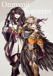  armor black_hair blonde_hair boots cape elbow_gloves fire_emblem fire_emblem_if fur_coat gloves gzei halo holding japanese_clothes long_hair looking_at_viewer multiple_girls one_eye_closed onmyouji ophelia_(fire_emblem_if) smile sorcerer syalla_(fire_emblem_if) thighhighs 