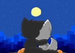  ambiguous_gender anthro black_fur canine changed_(video_game) chano city cub digital_media_(artwork) duo food fruit fur lin_(changed) mammal moon night puro_(changed) tangerine_(fruit) white_fur wolf young 