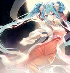  alternate_hairstyle aqua_hair bangs blue_eyes blush breasts chinese_clothes chuushuu_meigetsu_miku closed_mouth eyebrows_visible_through_hair floating flower full_moon hagoromo hair_between_eyes hair_flower hair_ornament hanfu hatsune_miku highres long_hair long_sleeves looking_at_viewer medium_breasts moon night night_sky sash see-through shawl sky smile solo takitou tassel twintails very_long_hair vocaloid wide_sleeves 