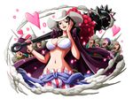  :d alvida black_hair bodskih breasts collarbone earrings groin hand_in_hair hat heart holding holding_weapon jewelry large_breasts lipstick long_hair makeup navel necklace one_piece open_mouth pants red_lips shiny shiny_skin smile stomach striped striped_pants sun_hat transparent_background weapon white_bikini_top white_hat 