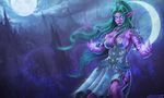  armlet breasts covered_nipples downscaled dress elf glowing glowing_eyes green_hair headdress highres large_breasts magic md5_mismatch moon mountain night_elf pointy_ears purple_skin resized sideboob smile solo thigh_strap tyrande_whisperwind warcraft 