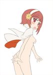  1girl ass blush bottomless breasts brown_hair embarrassed fire_emblem fire_emblem_if hair_ornament headband nipples open_mouth princess red-hair red_eyes sakura sakura_(fire_emblem_if) short_hair small_breasts solo standing 