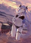  ahoge azur_lane bekko bikini black_bikini breasts commentary_request finger_to_mouth hair_ribbon hand_on_hip large_breasts looking_at_viewer ocean prinz_eugen_(azur_lane) red_eyes ribbon rigging solo swimsuit twintails wading white_hair 