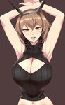  armpits bangs black_sweater blush breasts brown_background brown_hair cleavage eyebrows_visible_through_hair flipped_hair green_eyes hair_between_eyes hand_on_own_wrist hands_above_head headgear highres huge_breasts kantai_collection kloah looking_at_viewer meme_attire midriff mutsu_(kantai_collection) navel open-chest_sweater open_mouth shiny shiny_hair short_hair simple_background sleeveless solo sweater turtleneck upper_body virgin_killer_sweater 