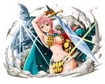  arm_up armor bikini_armor bodskih braid breasts brown_eyes brown_gloves cape cleavage cowboy_shot dutch_angle gladiator gladiatrix gloves groin helmet holding holding_helmet holding_sword holding_weapon kyros large_breasts lens_flare long_hair navel one_piece pink_hair plume rebecca_(one_piece) sideboob sidelocks single_braid smile solo standing statue sword transparent_background weapon 