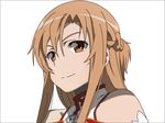  asuna_(sao) bare_shoulders black_border blush border braid brown_eyes brown_hair commentary_request derivative_work doyagao long_hair looking_at_viewer simple_background smirk solo sword_art_online todo_(masa3373) white_background 