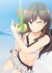  ;) arashio_(kantai_collection) bare_legs beach bikini bikini_skirt blue_sky breasts brown_eyes brown_hair cleavage day dutch_angle eyebrows_visible_through_hair finger_on_trigger highres horizon kantai_collection lace lace-trimmed_bikini leg_up long_hair nagami_yuu navel non-web_source one_eye_closed outdoors polka_dot polka_dot_bikini sandals sky small_breasts smile solo swimsuit water_gun white_bikini 