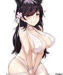  absurdres animal_ears atago_(azur_lane) azur_lane black_hair breasts brown_eyes cleavage commentary_request extra_ears hair_ornament heart highres kiritto large_breasts long_hair looking_at_viewer mole mole_under_eye navel simple_background smile solo swimsuit twitter_username v_arms white_background 