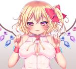  bangs blonde_hair blush bow breasts buttons choker cleavage collared_shirt covered_nipples eyebrows_visible_through_hair fang flandre_scarlet gradient gradient_background hair_between_eyes hair_bow looking_at_viewer matasabu medium_breasts multicolored multicolored_background multicolored_eyes open_mouth partially_unbuttoned pink_shirt red_bow shirt short_hair side_ponytail sleeveless sleeveless_shirt smile solo touhou two-tone_background upper_body wristband 