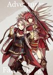  armor boots bow_(weapon) dagger eponine_(fire_emblem_if) fingerless_gloves fire_emblem fire_emblem_if gloves gzei holding holding_weapon japanese_clothes long_hair looking_at_viewer matoi_(fire_emblem_if) multiple_girls polearm ponytail red_hair smile spear thighhighs weapon white_hair 