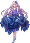  artist_request bare_shoulders carcasonne_(oshiro_project) curtsey dress elbow_gloves flower full_body gloves hair_flower hair_ornament high_heels long_hair looking_at_viewer official_art oshiro_project oshiro_project_re purple_eyes purple_gloves purple_hair skirt_hold sleeveless sleeveless_dress solo transparent_background 