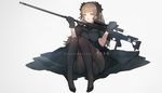  bangs barrett_m98b black_dress black_gloves black_legwear blunt_bangs brown_eyes brown_hair commentary_request dress eyebrows_visible_through_hair frills full_body gloves gun hairband highres holding holding_gun holding_weapon legs leupold_optics lisa_(kimiko2016) long_hair looking_at_viewer open_mouth original pantyhose rifle scope sidelocks sitting smile sniper_rifle solo thighs tongue tongue_out weapon 