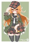  argyle black_legwear black_serafuku blush brown_eyes brown_hair commentary crescent crescent_moon_pin glasses green_hoodie hand_on_headwear hat highres hood hoodie kantai_collection long_hair looking_at_viewer mochizuki_(kantai_collection) necktie red-framed_eyewear rikuhito school_uniform semi-rimless_eyewear serafuku solo thighhighs white_neckwear 