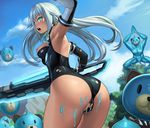  aqua_eyes arm_up armpits ass bangs black_heart black_leotard blue_sky blurry blush breasts choujigen_game_neptune cloud day depth_of_field detached_sleeves dissolving_clothes dogoo dogoo_man from_behind highleg highleg_leotard holding holding_weapon lasterk leaning_forward leotard long_hair looking_back medium_breasts mountain neptune_(series) nipples open_mouth outdoors penis silver_hair sky solo_focus standing sweatdrop torn_clothes torn_leotard tree weapon 