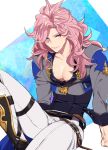  1boy arm_support belt blue_background blue_eyes collarbone curly_hair granblue_fantasy hair_down highres long_hair pectorals pokosuka randall_(granblue_fantasy) seams sitting smile solo 