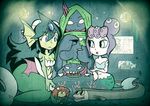  4girls black_eyes bloodstained:_ritual_of_the_night blue_eyes breasts bun_cover cala_maria_(cuphead) cleavage commentary crossover cup cuphead_(game) double_bun eel flat_chest forehead_jewel giantess giga_mermaid green_hair head_fins mermaid monster_girl mother_and_daughter multiple_crossover multiple_girls no_pupils octopus purple_hair setz shantae:_half-genie_hero shantae_(series) small_breasts submerged tea_party teacup tentacle_hair trait_connection underwater vepar_(bloodstained) 