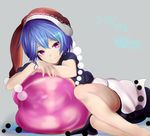  bare_arms bare_legs blue_hair closed_mouth dated doremy_sweet dream_soul dress grey_background hat houdukixx looking_at_viewer lying nightcap pom_pom_(clothes) purple_eyes short_hair short_sleeves simple_background smile solo touhou 