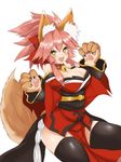  @_@ animal_ears bell bell_collar black_legwear blush breasts cleavage collar fang fate/extra fate/grand_order fate_(series) fox_ears fox_tail hair_ribbon highres japanese_clothes large_breasts long_hair looking_at_viewer open_mouth paws pink_hair ribbon ryou_(619-619) simple_background solo tail tamamo_(fate)_(all) tamamo_cat_(fate) thighhighs white_background yellow_eyes 