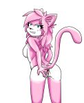  2016 aeris_(vg_cats) anthro anus biting_lip blue_eyes breasts butt cat damnpinkcat eyelashes feline female fur hair hand_on_butt looking_at_viewer looking_back mammal nude pink_fur presenting presenting_hindquarters pussy raised_tail rear_view solo spread_butt spreading standing vg_cats webcomic 