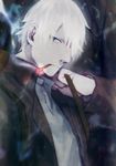  cigarette ginko grey_shirt hair_over_one_eye looking_at_viewer male_focus mushishi shirt smoke smoking solo tokigi_akira upper_body white_hair 