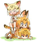  :d ^_^ animal_ears blonde_hair blush bow bowtie brown_eyes cat_ears cat_tail closed_eyes commentary_request elbow_gloves extra_ears food full_body gloves half-closed_eyes happy highres jaguar_(kemono_friends) jaguar_ears jaguar_print jaguar_tail japari_bun kemono_friends lying multiple_girls on_stomach open_mouth roku_no_hito sand_cat_(kemono_friends) sand_cat_print serval_(kemono_friends) serval_ears serval_print serval_tail short_hair simple_background sitting sitting_on_person smile sweatdrop tail white_background 