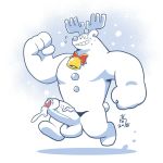  2018 anthro antlers bell big_penis button_(disambiguation) cervine christmas holidays horn jingle_bell male mammal muscular muscular_male penis precum reindeer ribbons running smile snow solo sweat takataka teeth vein veiny_penis white_skin 
