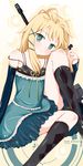  black_bullet black_legwear blonde_hair blue_eyes blush detached_sleeves dress eyebrows_visible_through_hair gun head_tilt kneehighs long_hair looking_at_viewer off_shoulder rifle shiny shiny_skin short_dress sitting solo tina_sprout uno_(13268380108) weapon 