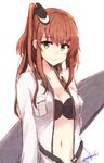  alternate_eye_color breast_pocket breasts brown_hair eyebrows_visible_through_hair green_eyes jacket kantai_collection long_hair long_sleeves mashayuki medium_breasts pocket saratoga_(kantai_collection) side_ponytail smile solo twitter_username white_jacket 