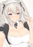  alternate_costume apron blue_eyes blush breasts breasts_outside cleavage collarbone commentary_request dated detached_collar enmaided hair_between_eyes kantai_collection kashima_(kantai_collection) kuavera large_breasts long_hair looking_at_viewer maid maid_apron maid_headdress reaching_out self_shot signature silver_hair simple_background smile solo swimsuit twintails twitter_username upper_body white_background 