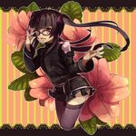  :d adjusting_eyewear arm_belt belt black-framed_eyewear bow breakblack flower flower_request glasses hair_bow lace_border long_hair looking_at_viewer open_mouth purple_bow purple_eyes purple_legwear senki_zesshou_symphogear smile solo thighhighs tsukuyomi_shirabe twintails zettai_ryouiki 