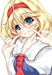  alice_margatroid blonde_hair blue_eyes close-up closed_mouth collarbone commentary_request fingers_to_cheeks hairband highres looking_at_viewer neckerchief simple_background smile solo takamachi_(takechikuwa) touhou upper_body white_background 