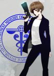  black_jacket black_pants brown_eyes brown_hair collarbone dominator_(gun) grey_background gun holding holding_gun holding_weapon jacket kuso_bba open_clothes open_jacket pants psycho-pass shadow shirt short_hair simple_background solo standing tsunemori_akane weapon white_shirt 