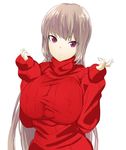  bangs breasts closed_mouth commentary eyebrows_visible_through_hair fate/grand_order fate_(series) florence_nightingale_(fate/grand_order) grey_hair head_tilt highres huge_breasts jpeg_artifacts long_hair long_sleeves looking_at_viewer manabebebe purple_eyes red_eyes red_sweater ribbed_sweater shirt simple_background sleeves_past_wrists solo sweater taut_clothes taut_shirt turtleneck turtleneck_sweater upper_body very_long_hair white_background 