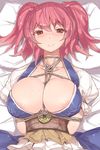  areola_slip areolae arms_behind_back between_breasts blush breasts cleavage closed_mouth commentary_request hair_bobbles hair_ornament highres kaizu_(kaizukurodai) large_breasts looking_at_viewer lying on_back onozuka_komachi puffy_short_sleeves puffy_sleeves red_eyes red_hair sash shibari short_sleeves smile solo sweat touhou two_side_up upper_body 