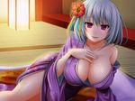  blush breasts cleavage collarbone commentary_request flower hair_flower hair_ornament japanese_clothes kimono large_breasts long_sleeves looking_at_viewer mirisha obi off_shoulder original parted_lips pink_eyes purple_kimono sash short_hair silver_hair smile solo sweat wide_sleeves 