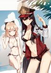  :d ahoge aiko_(kanl) bangs bare_arms bare_shoulders bikini black_bikini black_bow black_hair black_hat blonde_hair blue_sky blush bow breasts cleavage cloud cloudy_sky collarbone contrapposto cowboy_shot day eyebrows_visible_through_hair fate/grand_order fate_(series) frilled_bikini_bottom frills grin hair_bow halterneck hand_up hat headphones headphones_around_neck highres holding_hands jacket koha-ace leg_up long_hair long_sleeves looking_at_viewer medium_breasts multiple_girls navel oda_nobunaga_(fate) okita_souji_(fate) okita_souji_(fate)_(all) open_clothes open_jacket open_mouth palm_leaf parted_lips peaked_cap red_eyes red_jacket short_hair signature sky smile standing standing_on_one_leg stomach swimsuit teeth unbuttoned v v-shaped_eyebrows white_bikini yellow_eyes 
