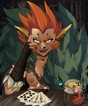  1girl animal_ears animal_pelt battle_chasers beastmaster_raha beer blue_eyes breasts card fur hand_wraps looking_at_viewer nipples orange_hair razpan sharp_fingernails tavern wolf 