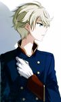  aldnoah.zero blue_eyes collarbone eyebrows_visible_through_hair gloves jianmo_sl male_focus military military_uniform parted_lips shadow silver_hair slaine_troyard solo uniform white_background white_gloves 