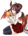  black_legwear blouse blue_eyes breasts collar commentary_request dragon_horns dragon_tail dragon_wings frilled_collar frills from_side granblue_fantasy grea_(shingeki_no_bahamut) hair_between_eyes harino646 highres holding horns large_breasts long_sleeves looking_at_another neck_ribbon plaid plaid_skirt pointy_ears purple_hair red_eyes red_skirt ribbon shingeki_no_bahamut shirt short_hair simple_background sitting skirt solo tail thighhighs white_background white_blouse wings yokozuwari zettai_ryouiki 