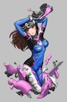  alex_lee arms_up bodysuit breasts brown_eyes brown_hair covered_navel d.va_(overwatch) facial_mark finger_on_trigger grey_background gun handgun highres holding holding_gun holding_weapon keychain legs_folded long_hair looking_away md5_mismatch medium_breasts overwatch simple_background solo v weapon 