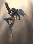  alex_lee arm_at_side armor ass black_hair black_panties broken_armor brown_eyes clenched_hand closed_mouth dark_skin facial_mark finger_on_trigger from_side full_body gun hair_ornament highres leg_up lips looking_back md5_mismatch overwatch panties pharah_(overwatch) power_armor sky solo sunlight tattoo torn_clothes underwear weapon 