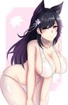  animal_ears atago_(azur_lane) azur_lane bangs bikini black_hair blush breasts brown_eyes cat_ears choker closed_mouth collarbone commentary_request cowboy_shot extra_ears flower hair_flower hair_ornament highres kuuki_(rakam) large_breasts leaning_forward long_hair looking_at_viewer mole mole_under_eye smile solo swept_bangs swimsuit white_bikini 