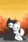  ambiguous_gender anthro black_fur black_sclera black_tail blue_eyes blush canine changed_(video_game) chano city cub digital_media_(artwork) duo fur lin_(changed) mammal puro_(changed) sitting white_eyes white_fur white_tail wolf young 