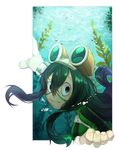  asui_tsuyu black_eyes bodysuit boku_no_hero_academia bubble domino_mask gloves goggles goggles_on_head green_hair hair_between_eyes highres long_hair looking_at_viewer mask outside_border solo submerged transparent_background underwater vasabello_(nok) white_gloves 