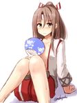  blush brown_eyes brown_hair fan flat_chest hachimaki headband high_ponytail holding holding_fan japanese_clothes kantai_collection kimono long_hair long_sleeves mashayuki open_clothes open_kimono paper_fan red_shorts shorts solo twitter_username uchiwa white_kimono zuihou_(kantai_collection) 