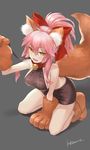  @_@ alternate_costume animal_ears bell bell_collar breasts collar fate/extra fate/grand_order fate_(series) fox_ears fox_tail gloves grey_background hair_ribbon highres large_breasts long_hair looking_at_viewer meme_attire open_mouth paw_gloves paws pink_hair ribbon sideboob simple_background solo tail tamamo_(fate)_(all) tamamo_cat_(fate) tranquil-lizer virgin_killer_sweater yellow_eyes 