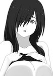  1girl bare_shoulders breast_press breasts clothes_lift commentary_request greyscale hair_over_one_eye highres large_breasts monochrome naozuri no_bra open_mouth original pai-chan_(naozuri) shirt_lift solo 