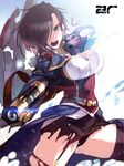  ark_royal_(azur_lane) attacking_viewer azur_lane black_legwear black_panties blue_eyes breasts brown_hair cleavage_cutout dual_wielding gun hair_over_one_eye handgun highres holding jacket large_breasts long_sleeves looking_at_viewer open_mouth panties pantyshot pantyshot_(sitting) pistol red_jacket shirt short_hair sitting solo spread_legs thighhighs torn_clothes underwear weapon white_shirt ze_(sawakihein) 