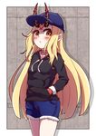  absurdres alternate_costume baseball_cap black_sweater blonde_hair blue_hat blue_shorts blush casual closed_mouth commentary_request cowboy_shot cutoffs drawstring facial_tattoo fate/grand_order fate_(series) hand_in_pocket hat highres horns horns_through_headwear ibaraki_douji_(fate/grand_order) long_hair long_sleeves looking_at_viewer pointy_ears short_shorts shorts solo standing straight_hair sweater tareme tattoo very_long_hair yellow_eyes yuya090602 